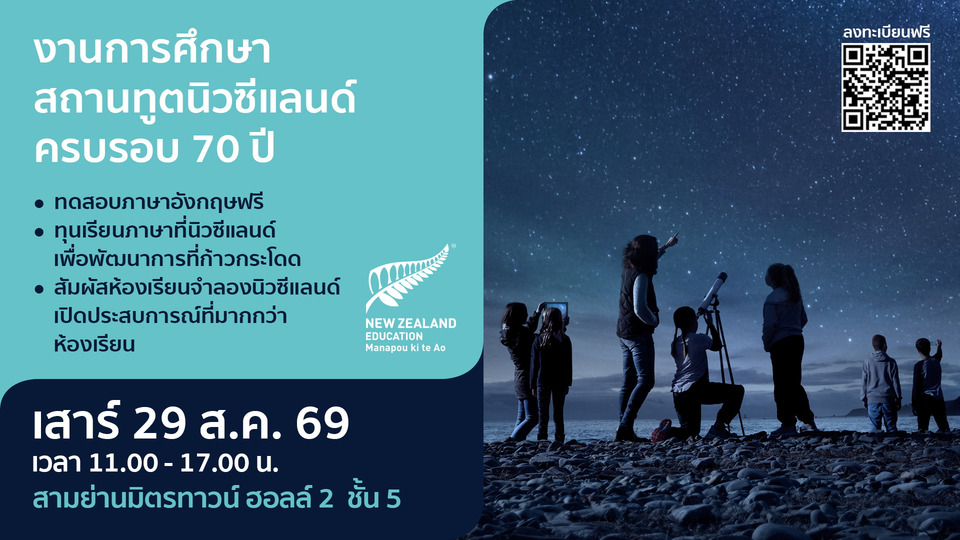 งานการศึกษาสถานทูตนิวซีแลนด์ 2569 จัดใหญ่! ฉลอง 70 ปี ความสัมพันธ์ไทย–นิวซีแลนด์ รวม 70 สถาบันการศึกษาชั้นนำ แจกทุนกว่า 2 ล้าน
