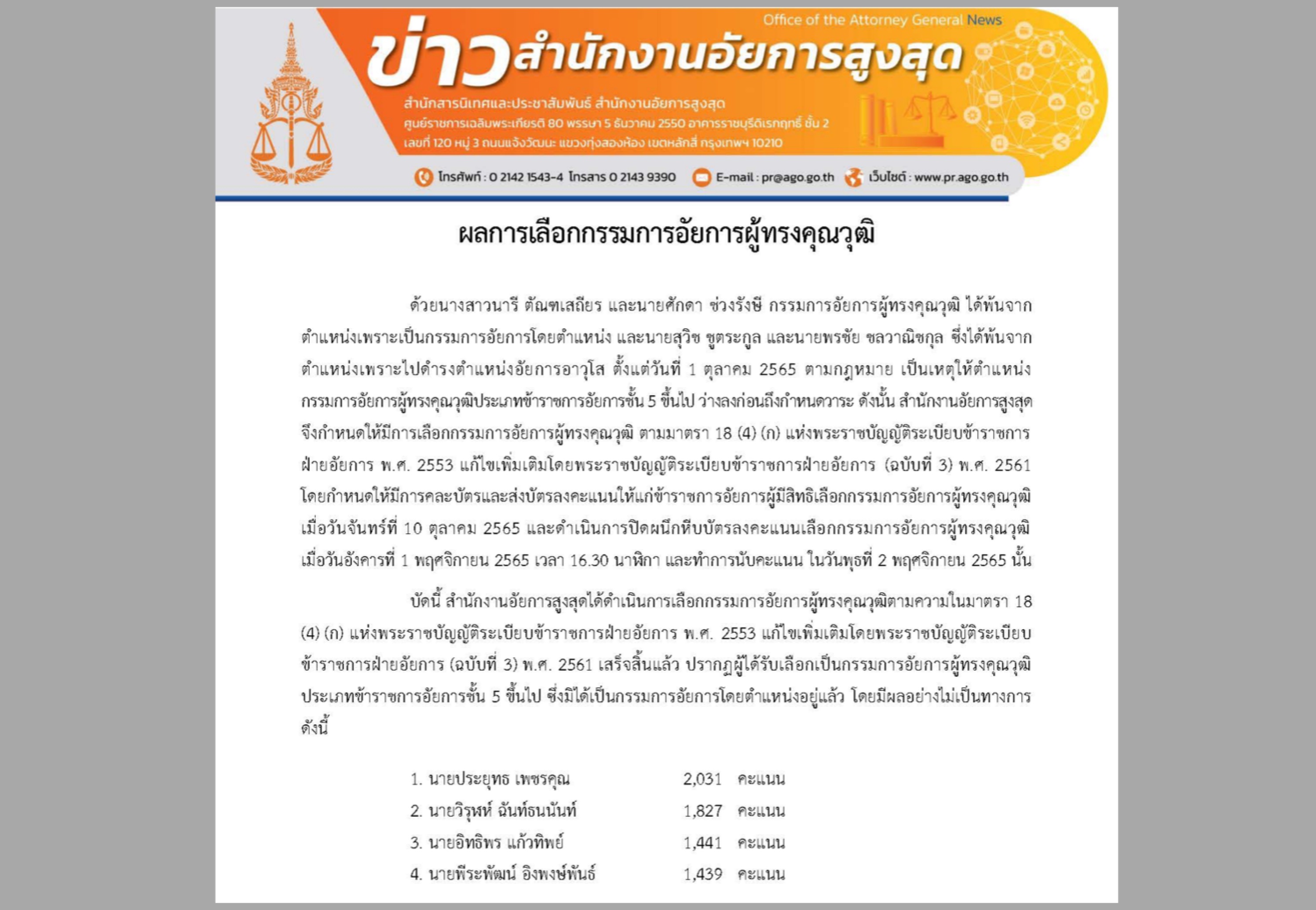 ผลเลือกตั้งคณะกรรมการอัยการผู้ทรงคุณวุฒิ ‘ประยุทธ-วิรุฬห์-อิทธิพร-พีระพัฒน์' เข้าวิน