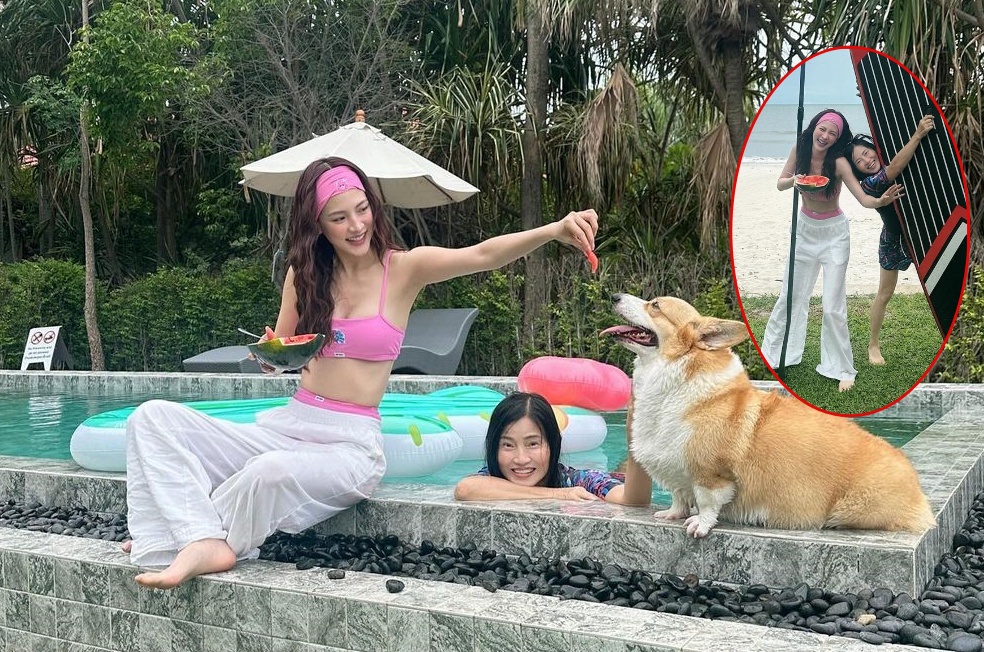 "ใบเฟิร์น พิมพ์ชนก" แจกความสดใส ผ่านทูพีซสีชมพู คู่คุณแม่ ระหว่างพักผ่อนเที่ยวทะเล