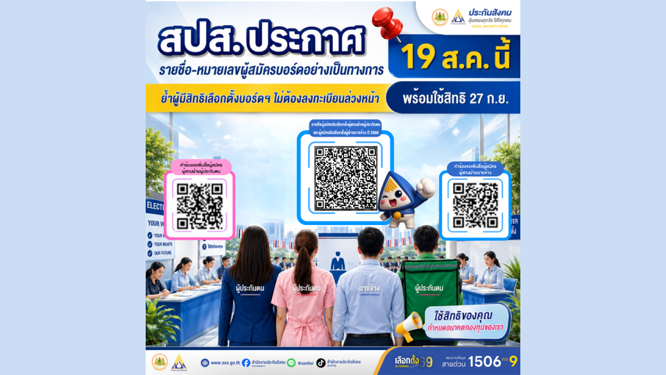 สปส. ประกาศรายชื่อ - หมายเลขผู้สมัครบอร์ดอย่างเป็นทางการ 19 ส.ค. นี้ ย้ำผู้มีสิทธิเลือกตั้งบอร์ดฯ 