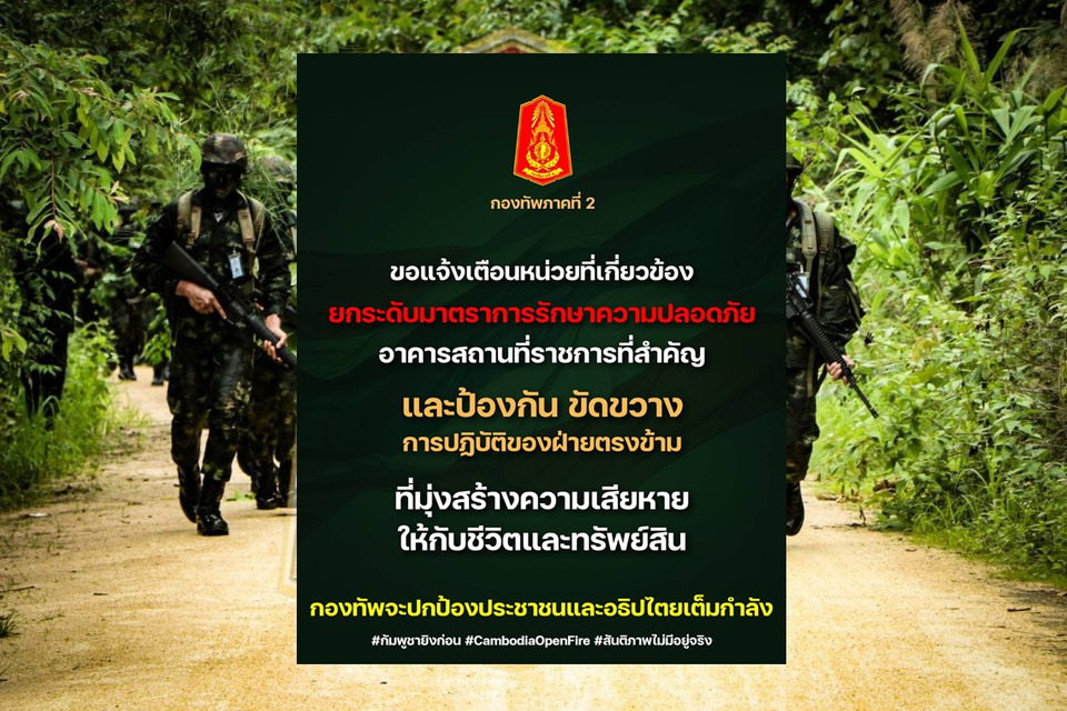 "กองทัพภาคที่ 2" สั่งยกระดับความปลอดภัยทั่วชายแดน รับมือสถานการณ์ตึงเครียด–ย้ำพร้อมปกป้องอธิปไตยเต็มกำลัง