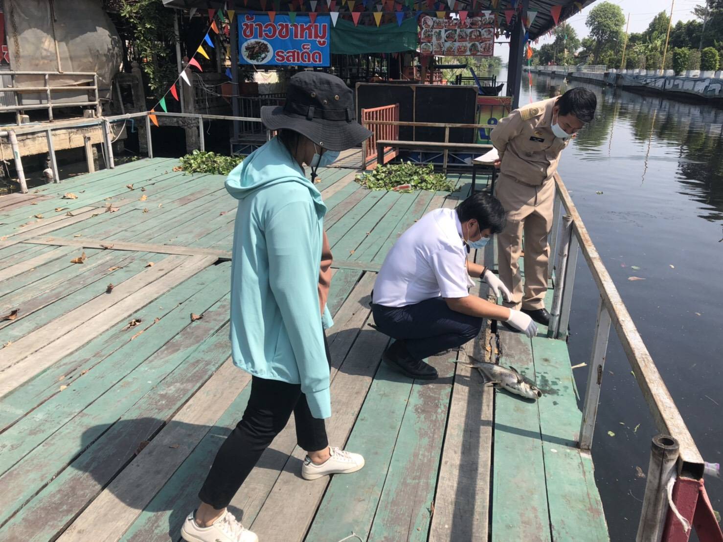นายอำเภอฯกระทุ่มแบน ลงพื้นที่ท่าน้ำวัดหนองพะองหลังพบปลาตายเกลื่อน