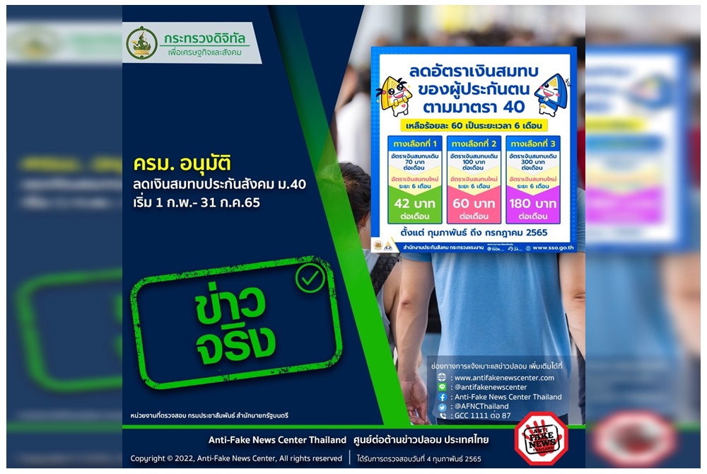 ตร.ยันลดอัตราเงินสมทบประกันสังคม ม.40 เหลือร้อยละ 60 อีก 6 เดือนจริง