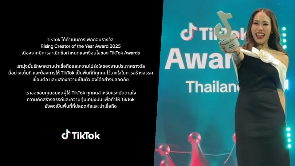  ไ่ม่รอด!  TikTok เพิกถอนรางวัล  "หมอมุกกินเค้ก" ชี้ละเมิดข้อกำหนดและเงื่อนไข 