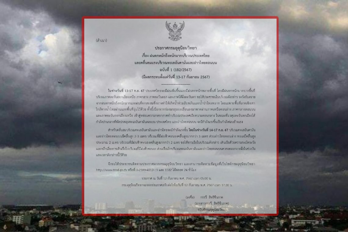 "กรมอุตุฯ" ออกประกาศ ฉ.1 เตือน! 13-17 ก.ย. มรสุมถล่ม ฝนตกหนักมาก คลื่นลมแรง