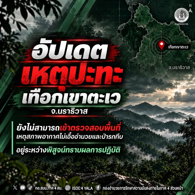 “กอ.รมน.ภาค 4 สน.” อัปเดตเหตุปะทะเจาะไอร้อง ปิดล้อมเข้มเทือกเขาตะเว เร่งเคลียร์ทางรอเปิดพื้นที่พิสูจน์ทราบตัวตน