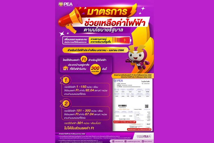 PEA ประกาศมาตรการช่วยเหลือค่าไฟฟ้าเพื่อบรรเทาผลกระทบต่อประชาชน