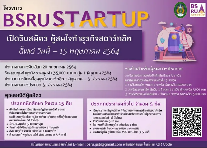 BSRU STARTUP 2021 สานฝันนักธุรกิจมือใหม่  ประกวดแผนธุรกิจชิงเงินรางวัล 