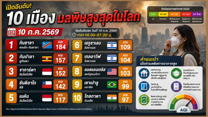 เปิดอันดับ 10 เมืองมลพิษสูงสุดในโลก 10/07/69 กินชาซา ครองแชมป์ AQI 184