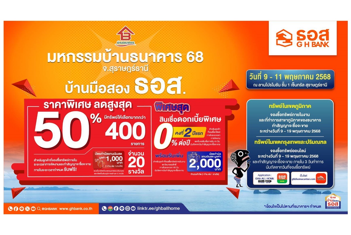 ธอส.ชวนชาวใต้ร่วมงานมหกรรมบ้านธนาคาร 68 จ.สุราษฎร์ธานี พบบ้านมือสองกว่า 400 รายการทั่วประเทศ ลดสูงสุดถึง 50% 