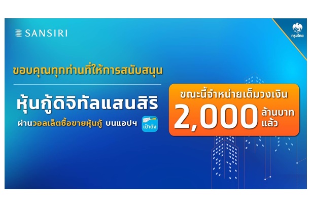 ทุบสถิติใหม่! ตอบโจทย์ผู้ลงทุน “หุ้นกู้ดิจิทัลแสนสิริ” บนเป๋าตัง ขายครบ 2,000 ล้าน ใน 3.38 นาที 