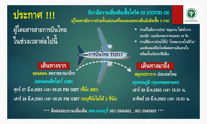 ตามหา 3 ผู้โดยสายการบินไทย กลับจากลอนดอน-สุวรรณภูมิ เสี่ยงติดโควิด-19 