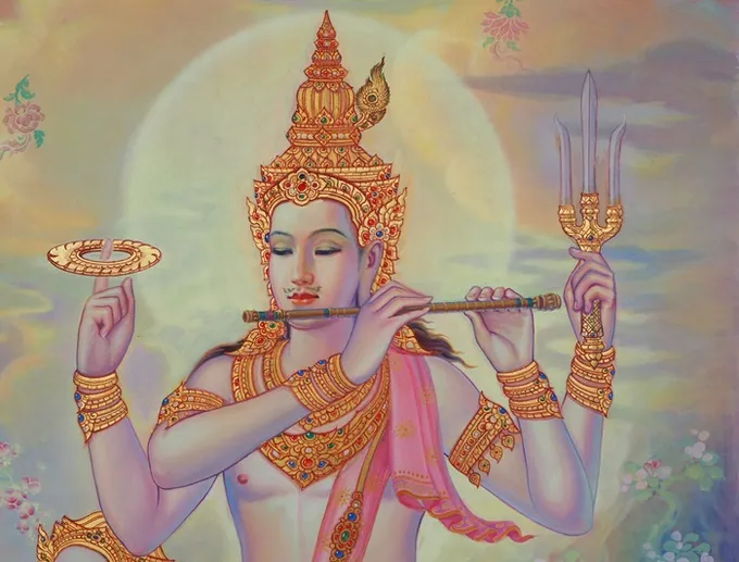 ทรงเจิมมณีนพเก้ากระบังหน้าพระนารายณ์ปางกฤษณาวตารฉากบังเพลิง
