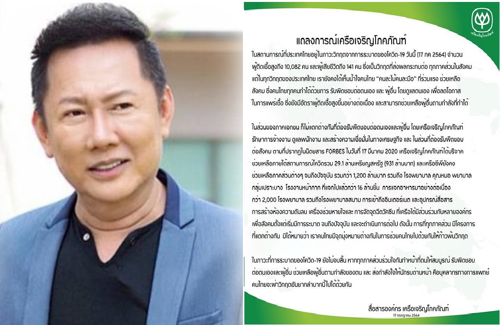 'ซีพี'เปิดตัวเลขช่วยสังคมกว่า 1,200 ล้าน  ตอบกลับ'ณวัฒน์'หลังไลฟ์ขอบริจาค 100 ล้านช่วยคนไทย  