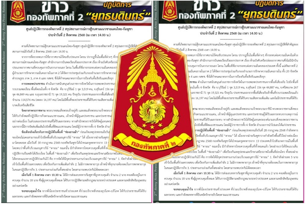 "กองทัพภาค 2" รายงานสถานการณ์ชายแดนไทย–กัมพูชา ล่าสุด ยึดจุดยุทธศาสตร์ช่องอานม้า – อพยพประชาชนกว่าแสนราย