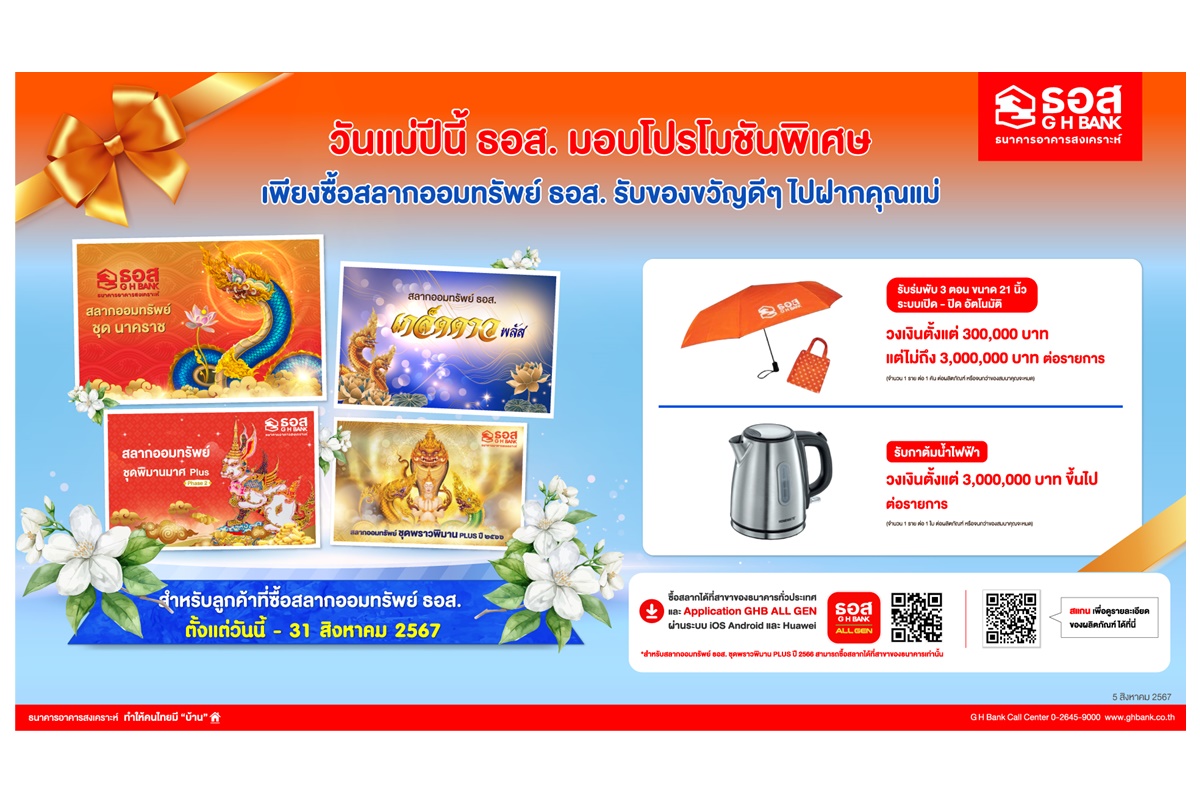 ธอส.จัดโปรโมชันต้อนรับเทศกาลวันแม่ ซื้อสลากออมทรัพย์ตั้งแต่วันนี้-31 ส.ค.67 รับของสมนาคุณพิเศษ