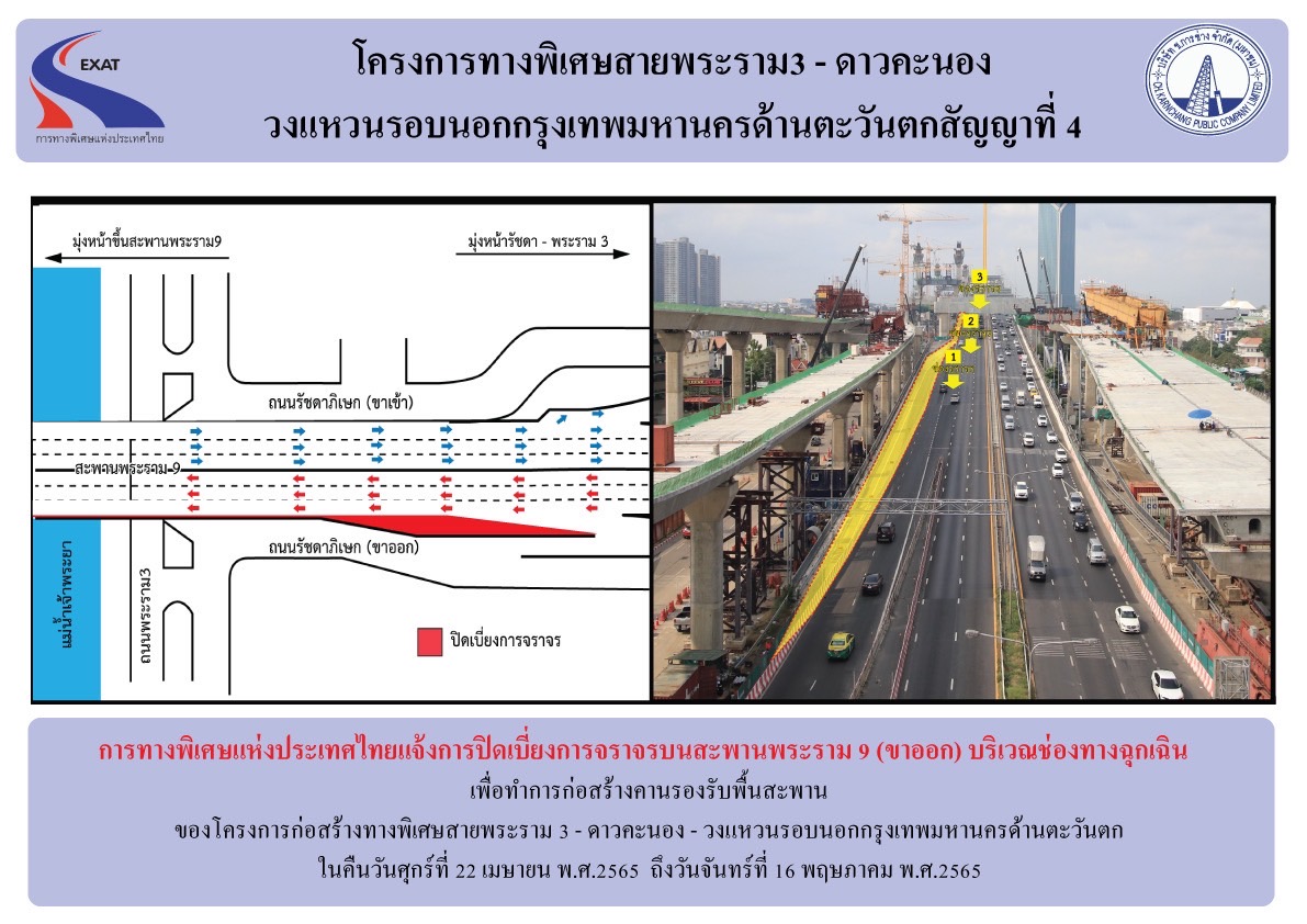 "กทพ."แจ้งปิดเบี่ยงช่องทางฉุกเฉินบนสะพานพระราม 9 (ฝั่งขาออก)  