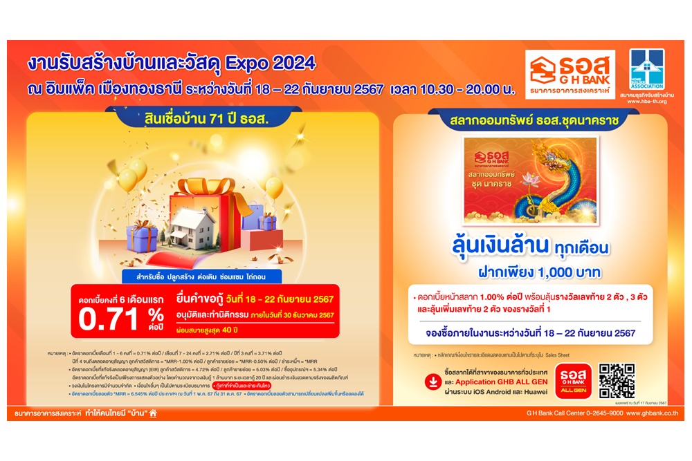 ธอส.จัดโปรโมชันสินเชื่อบ้านอัตราดอกเบี้ยต่ำ 6 เดือนแรกเพียง 0.71% ต่อปี ร่วมงาน “รับสร้างบ้านและวัสดุ Expo 2024”