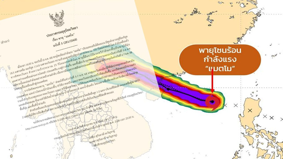 กรมอุตุฯ เตือน ฉ.5 พายุ "แมตโม" ทวีความรุนแรง เตรียมรับมือฝนหนัก 5-7 ต.ค.นี้