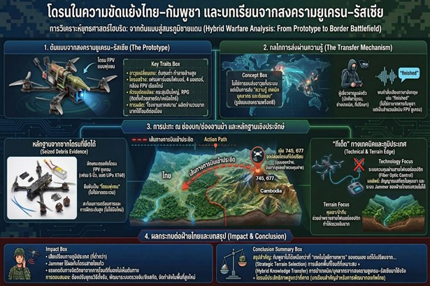 “กองทัพภาคที่ 2” วิเคราะห์ยุทธวิธีโดรน FPV แบบสงครามยูเครน–รัสเซีย ชี้กัมพูชานำเทคนิค–บุคลากรภายนอกเสริมศักยภาพโจมตีชายแดนไทย