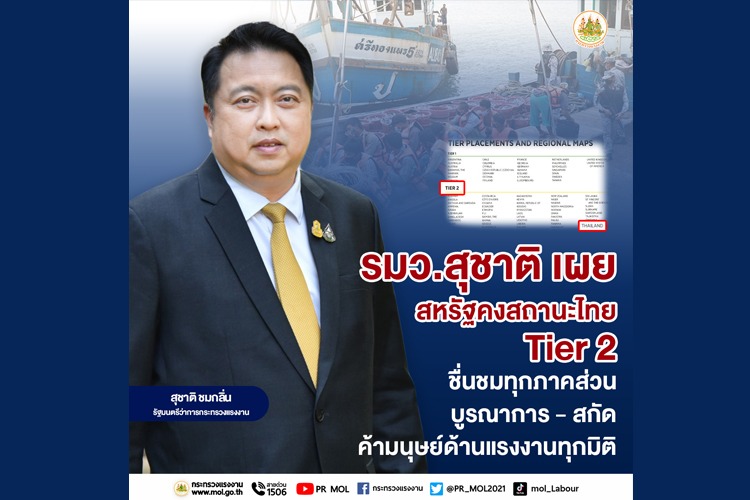 รมว.สุชาติ เผย สหรัฐคงสถานะไทยเทียร์ 2 ชื่นชมทุกภาคส่วนบูรณาการ มุ่งสกัดค้ามนุษย์ด้านแรงงานทุกมิติ 