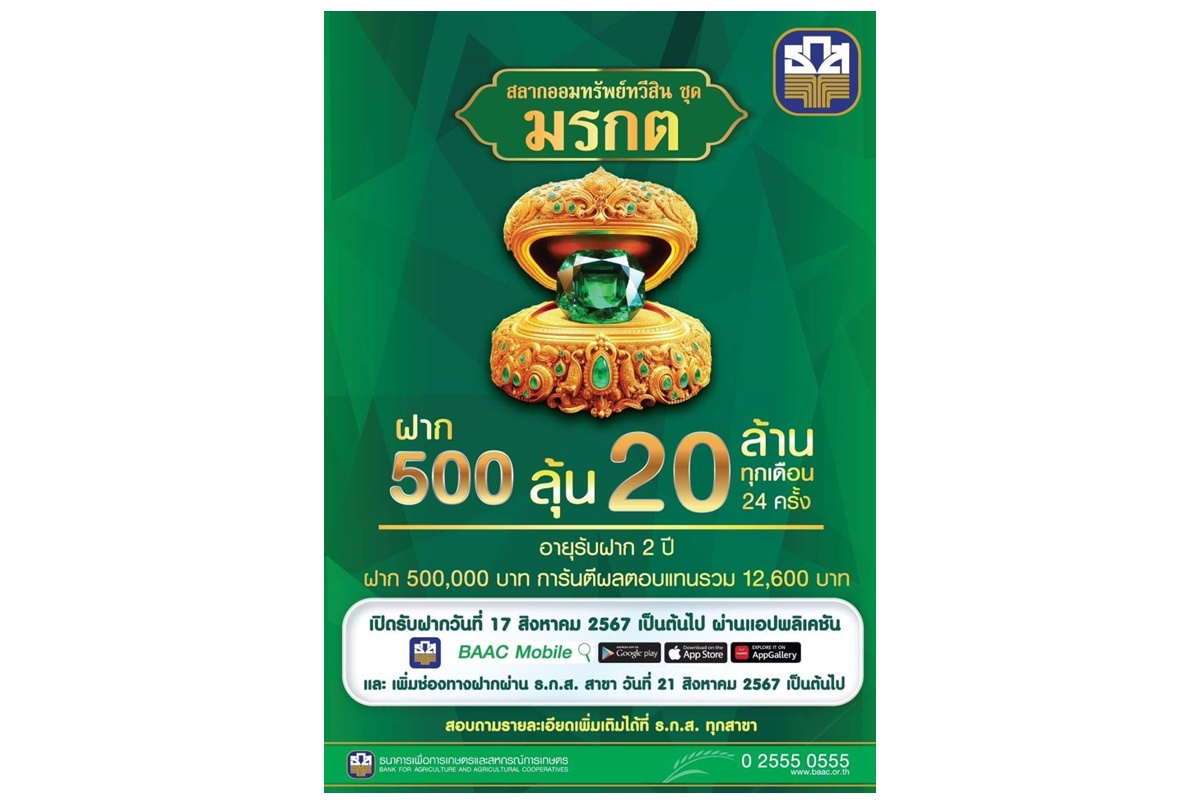 ฝาก 500 บาทลุ้น 20 ล้านทุกเดือน ธ.ก.ส.เปิดรับฝากสลากออมทรัพย์ทวีสิน ชุดมรกตที่สาขาวันแรก ยอดฝากร่วม 3 หมื่นล้าน 