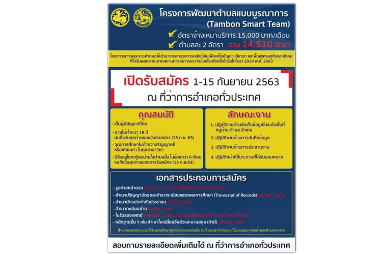 หางานทำมาทางนี้! กรมการปกครองเปิดรับสมัครลูกจ้างเหมาบริการทั่วประเทศ 1.4หมื่นอัตรา