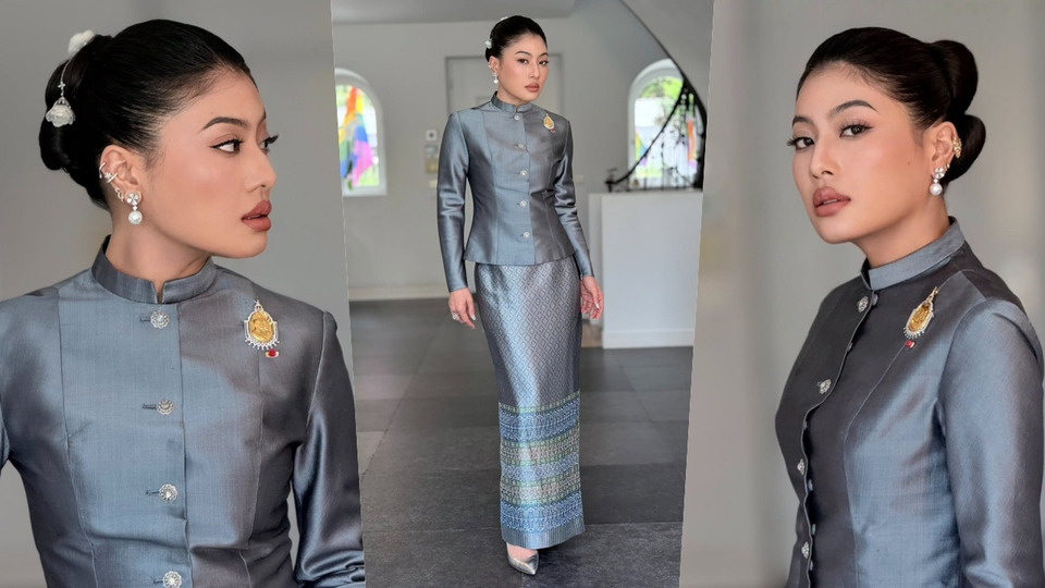 “เจ้าฟ้าสิริวัณณวรีฯ” ทรงฉลองพระองค์ชุดไทยอมรินทร์ สีตะกั่ว ผ้ายกดอกปักประดับเลื่อม ในพิธีรับเสด็จฯ ณ ฝรั่งเศส