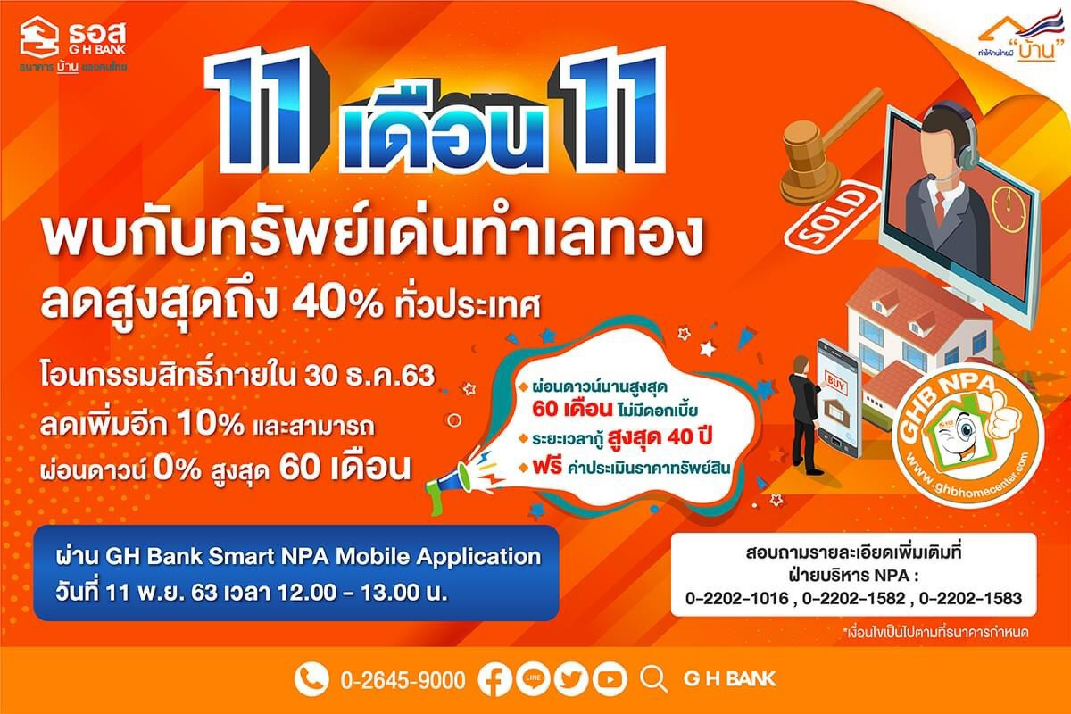 ธอส.จัดเต็มมหกรรม 11.11 พบกับ 111 ทรัพย์เด่น เปิดประมูลขายออนไลน์ผ่านแอป G H Bank Smart NPA 