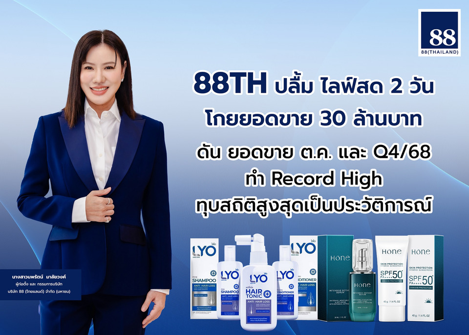 88TH ปลื้มไลฟ์สด 2 วัน ทำยอดขาย 30 ลบ. ดันQ4/68 ทำ Record High ทุบสถิติสูงสุดเป็นประวัติการณ์