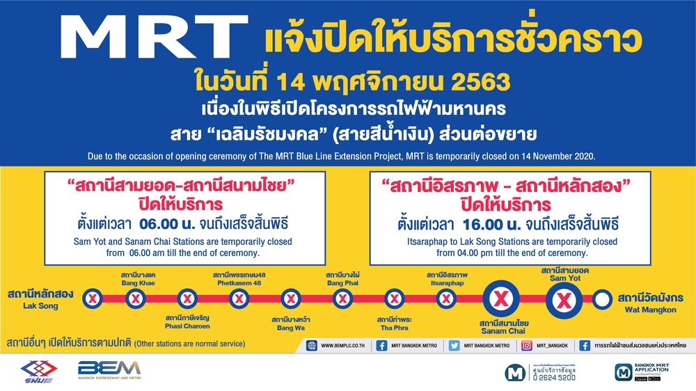 MRT ปิดให้บริการชั่วคราว วันที่ 14 พ.ย.นี้ เพื่อทำพิธีเปิดส่วนต่อขยายสายสีน้ำเงิน