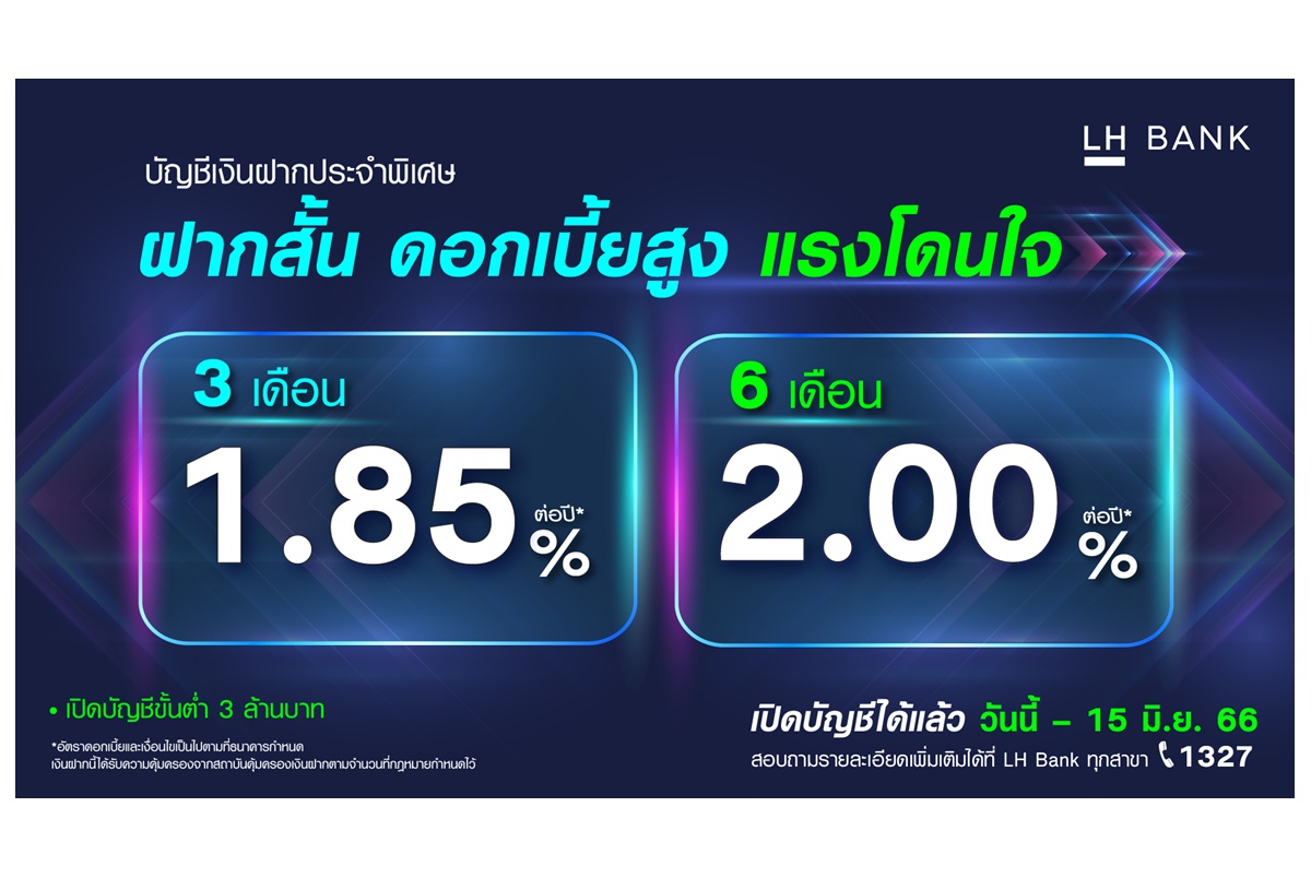 LH Bank ออกแคมเปญเงินฝากประจำพิเศษ 6 เดือน รับดอกเบี้ยสูง 2.00% และ 3 เดือนดอกเบี้ย 1.85% ชูออมสั้นรับดอกสูง