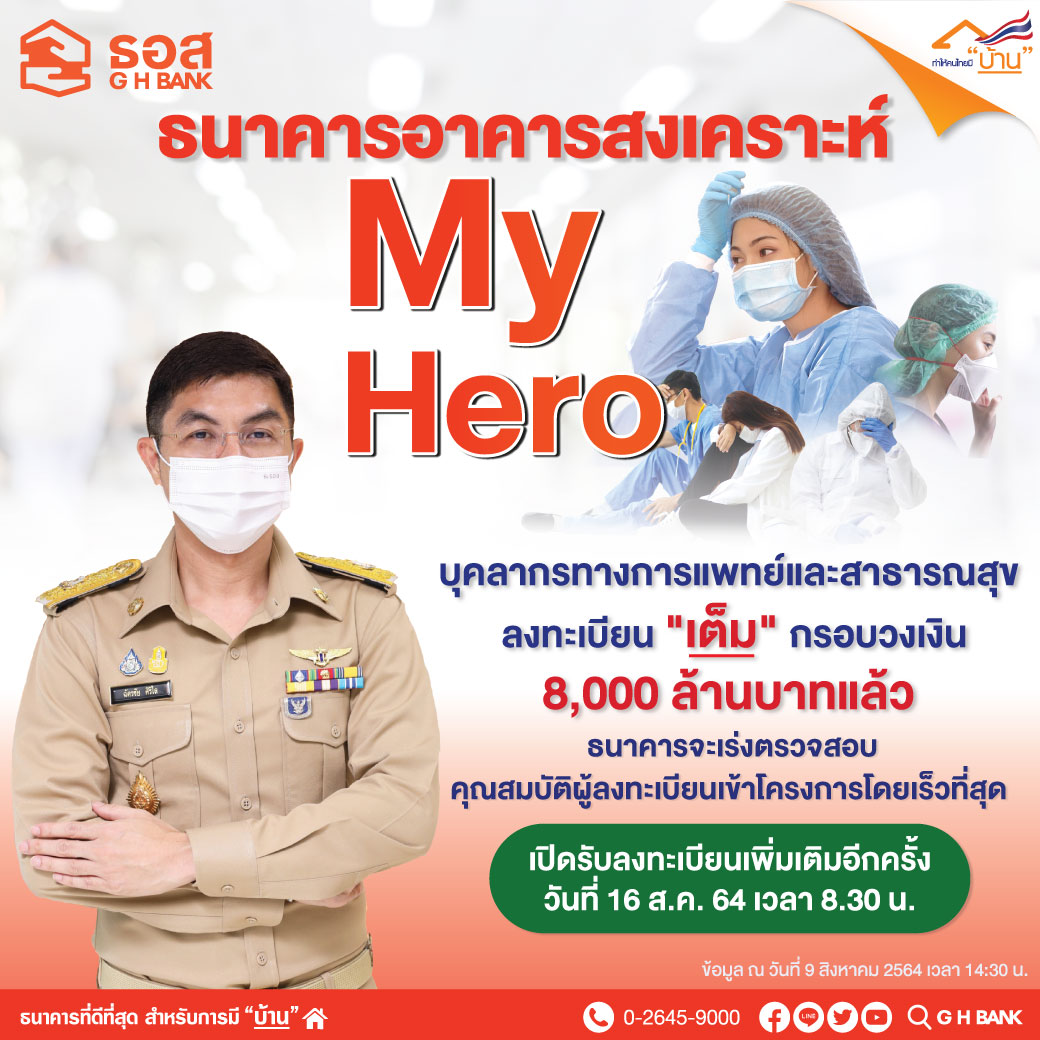 ธอส.My Hero : บุคลากรทางการแพทย์-สาธารณสุข ลงทะเบียนวันแรก เต็มวงเงิน 8,000 ล้าน เตรียมเปิดเพิ่ม 16 ส .ค.64