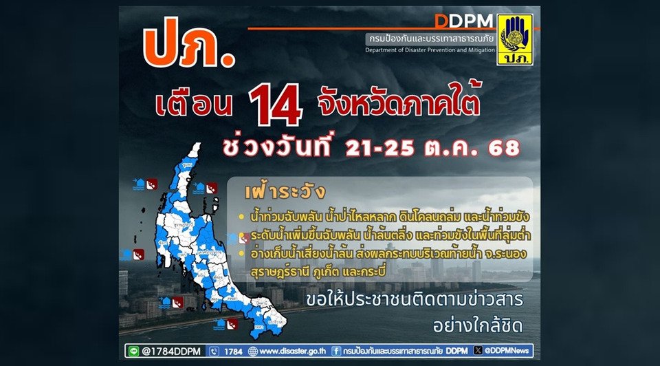 ปภ.แจ้งเตือน 14 จังหวัดภาคใต้ ระวังน้ำท่วมฉับพลัน 21-25 ต.ค.นี้