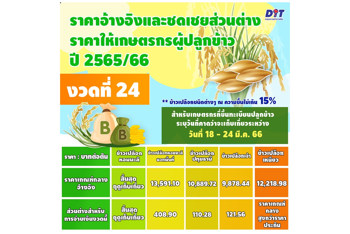 พาณิชย์เผยประกันรายได้ข้าว งวดที่ 24 ราคาข้าวเปลือกยังทรง คาดปีนี้ส่งออก 8 ล้านตัน   