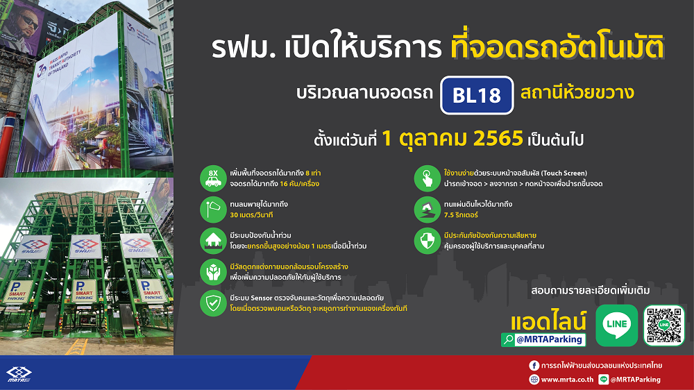 รฟม.บริการที่จอดรถยนต์อัตโนมัติ เพิ่ม 2 เครื่อง ที่ลานจอดรถสถานีห้วยขวางรถไฟฟ้าสายสีน้ำเงิน เริ่ม 1 ต.ค.นี้