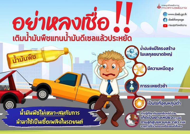 "ก.พลังงาน" เตือนอย่าหลงเชื่อ! เติมน้ำมันพืชแทนน้ำมันดีเซลแล้วประหยัด