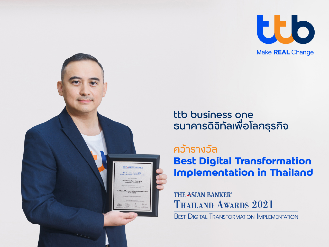 "ทีทีบี บิสสิเนสวัน" คว้ารางวัลเวที The Asian Banker ตอกย้ำความเป็นผู้นำนวัตกรรมดิจิทัลโซลูชันเพื่อลูกค้าธุรกิจ