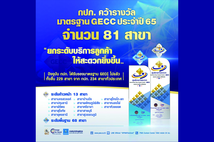 กปภ.คว้ารางวัลมาตรฐาน GECC ปี 65 ยกระดับบริการลูกค้าให้สะดวกยิ่งขึ้น 