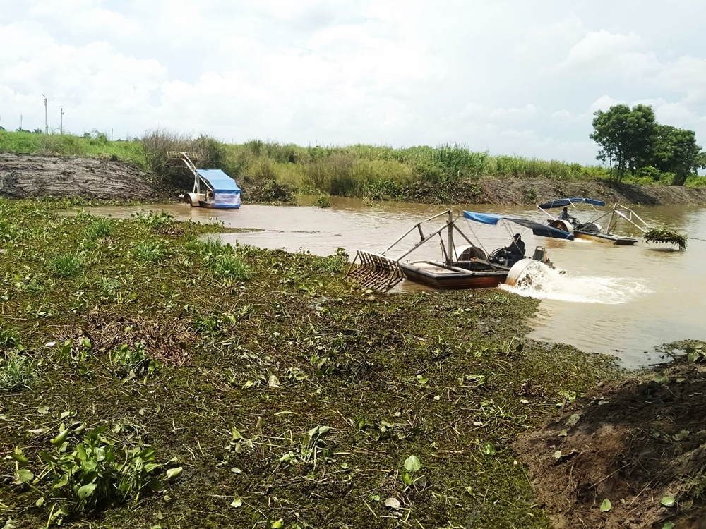 โครงการส่งน้ำฯบางพลวง กำจัดวัชพืชในคลองน้ำเคี้ยมบริเวณวัดสะแกงาม เมืองแปดริ้ว