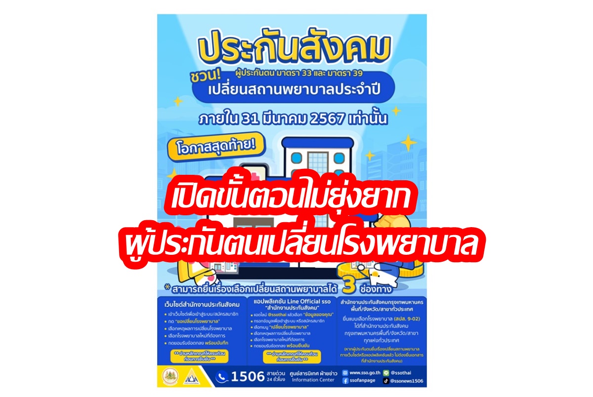 เช็กที่นี่! เปิดขั้นตอนง่ายๆ ผู้ประกันตนเปลี่ยนโรงพยาบาล แต่ต้องทำก่อนภายใน 31 มี.ค.นี้