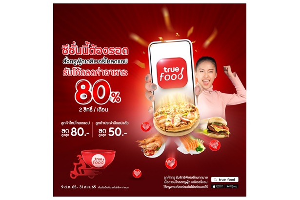 "ทรู" ช่วยแบ่งเบาภาระค่าใช้จ่าย ชวนโหลดแอปทรูฟู้ด สั่งเดลิเวอรีออเดอร์แรก ลดทันทีค่าอาหารสูงสุด 80 บาท แถมใช้ 50 ทรูพอยท์ ลดเพิ่มค่าส่งอีก 80 บาท 