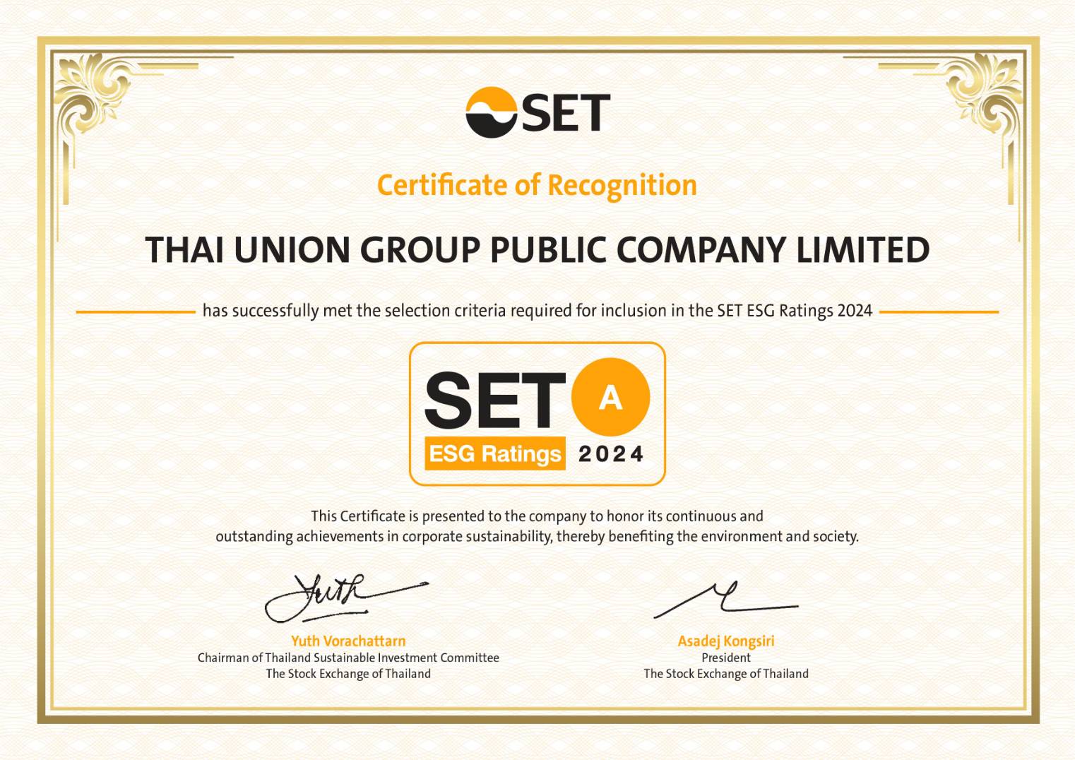 ไทยยูเนี่ยน ได้รับคัดเลือกเป็น “หุ้นยั่งยืน SET ESG Rating” ระดับ A จาก ตลท.