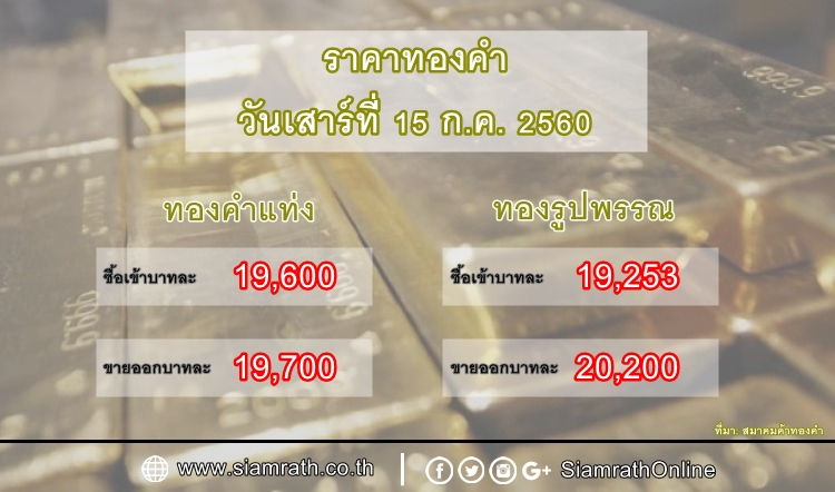 ราคาทองคำแท่ง-รูปพรรณ วันที่ 15 ก.ค. 60