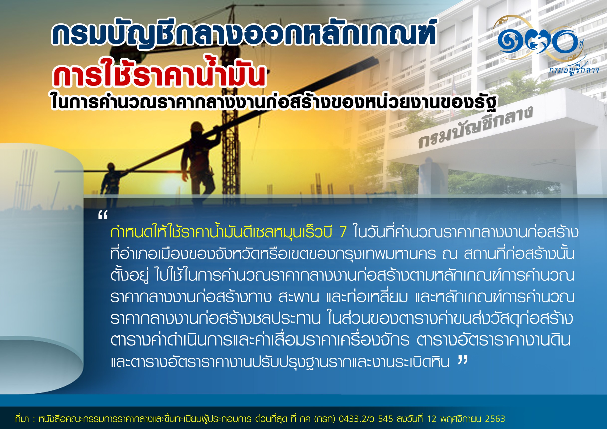 กรมบัญชีกลางออกเกณฑ์การใช้ราคาน้ำมันในการคำนวณราคากลางงานก่อสร้างของหน่วยงานของรัฐ 
