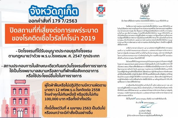  "ผู้ว่าฯ ภูเก็ต" สั่งปิดโรงแรมทุกประเภท หยุดการแพร่ระบาดโควิด  มีผล 4 เม.ย.
