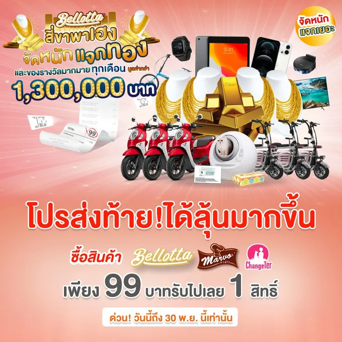 โค้งสุดท้าย ห้ามพลาด! ลุ้นทอง Bellotta Marvo และ ChangeTer จัดหนัก แจกจริง ของรางวัลมากมาย มูลค่ากว่า 1,300,000 บาท หมดเขต 30 พ.ย.นี้