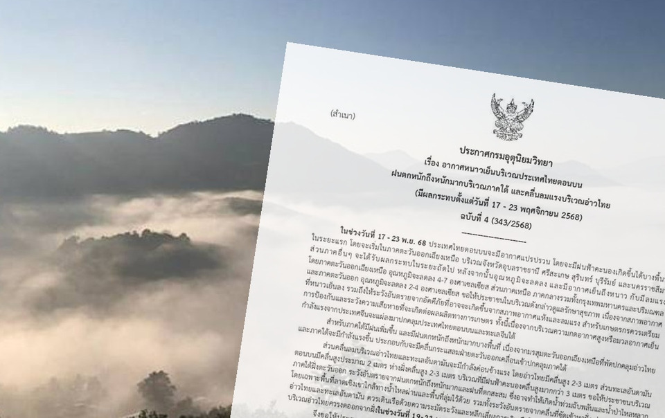 อุตุฯ ประกาศ ฉ.4 เตือนไทยตอนบนอากาศหนาว ฝนถล่มใต้ 17–23 พ.ย.นี้