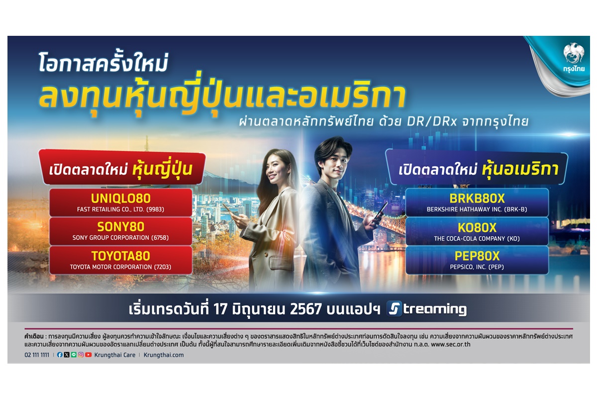 "กรุงไทย" เสนอขาย DR และ DRx เพิ่ม 6 หลักทรัพย์ รับกระแสลงทุนหุ้นนอก เปิดเทรด 17 มิ.ย.นี้