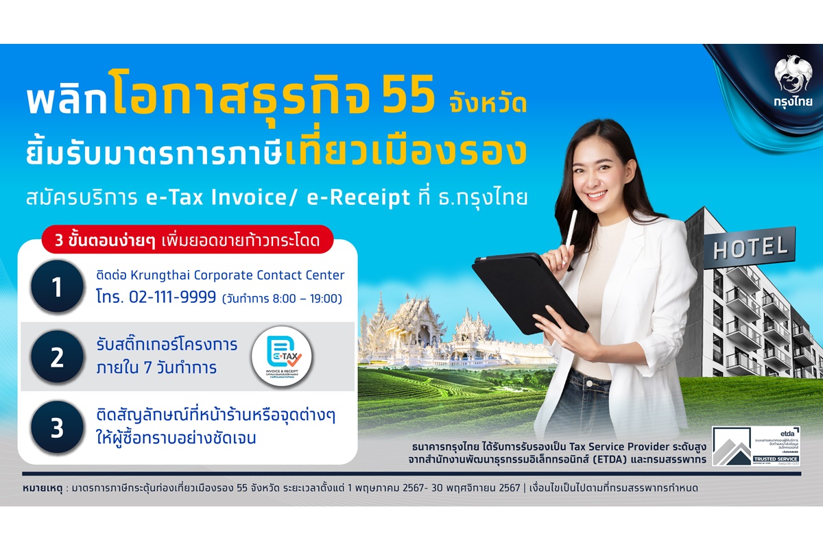 กรุงไทยขานรับมาตรการลดหย่อนภาษีกระตุ้นท่องเที่ยวเมืองรอง หนุนผู้ประกอบการออกใบกำกับภาษีอิเล็กทรอนิกส์ผ่าน Krungthai e-Tax Invoice / e-Receipt